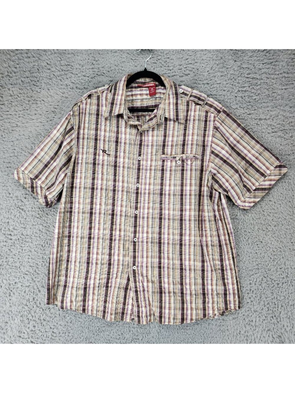 Rocawear Shirt Mens XL Brown Plaid Short Sleeve Button Up